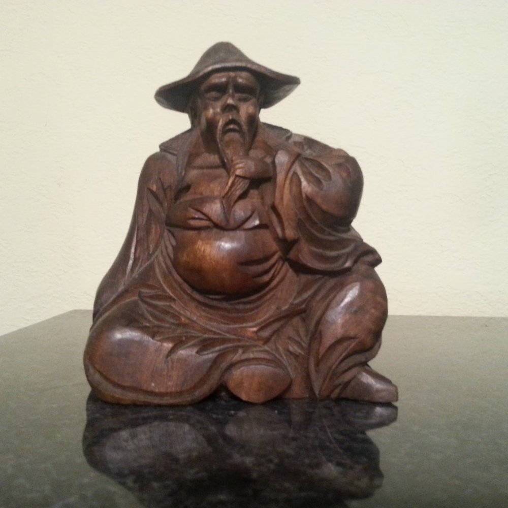 Hand Carved Wooden Asian  Oriental Chinese Japanese Wiseman Fisherman